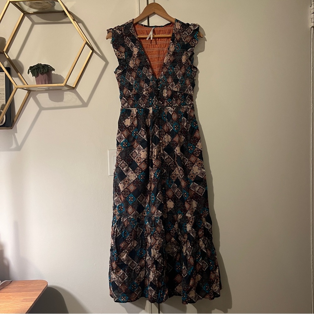 Anthropologie The Peregrine Blue and Brown Midi Dress